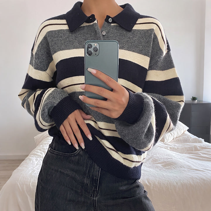 Women's Oversized Knit Sweater with Polo Collar, Stripe Pattern and Button Placket Mune Fashion