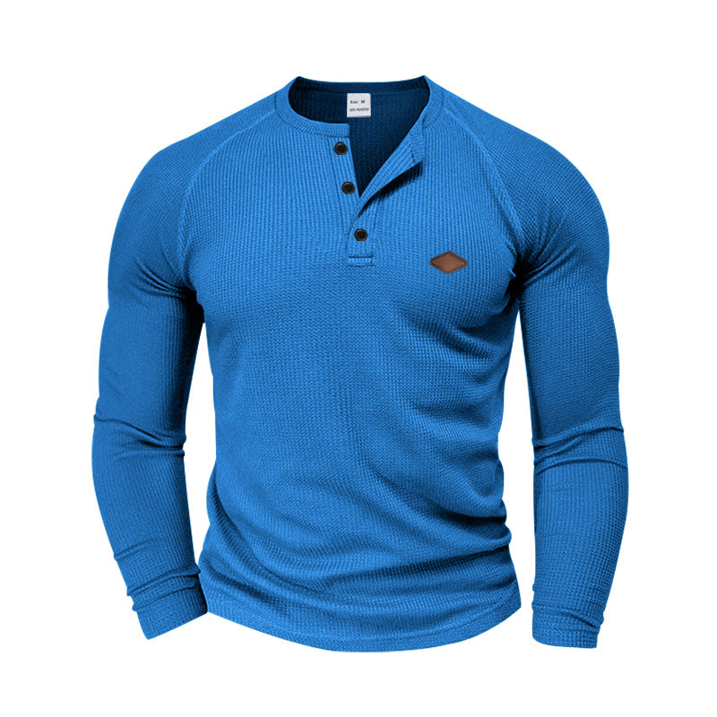Men's structured waffle Henley shirt with short button placket, raglan sleeves, and leather patch Mune Fashion