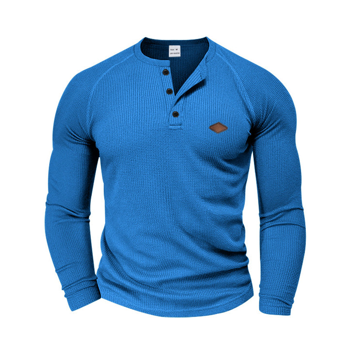 Men's structured waffle Henley shirt with short button placket, raglan sleeves, and leather patch Mune Fashion