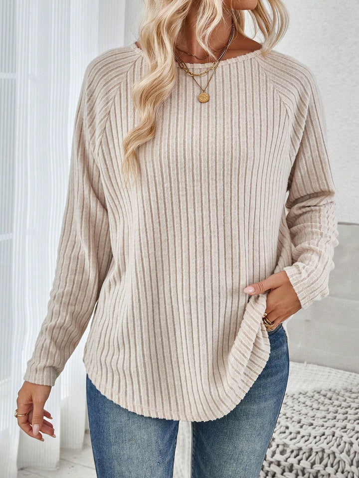 Women Ribbed Longline Sweater with Raglan Sleeves and Rounded Hem Mune Fashion
