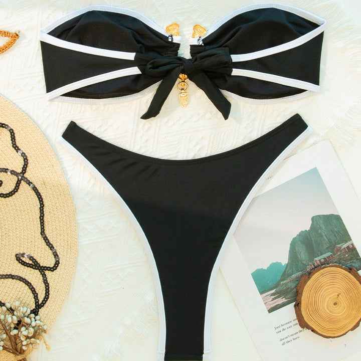 Women's Bandeau Bikini Set with Elegant Slit and Gold Accents Mune Fashion