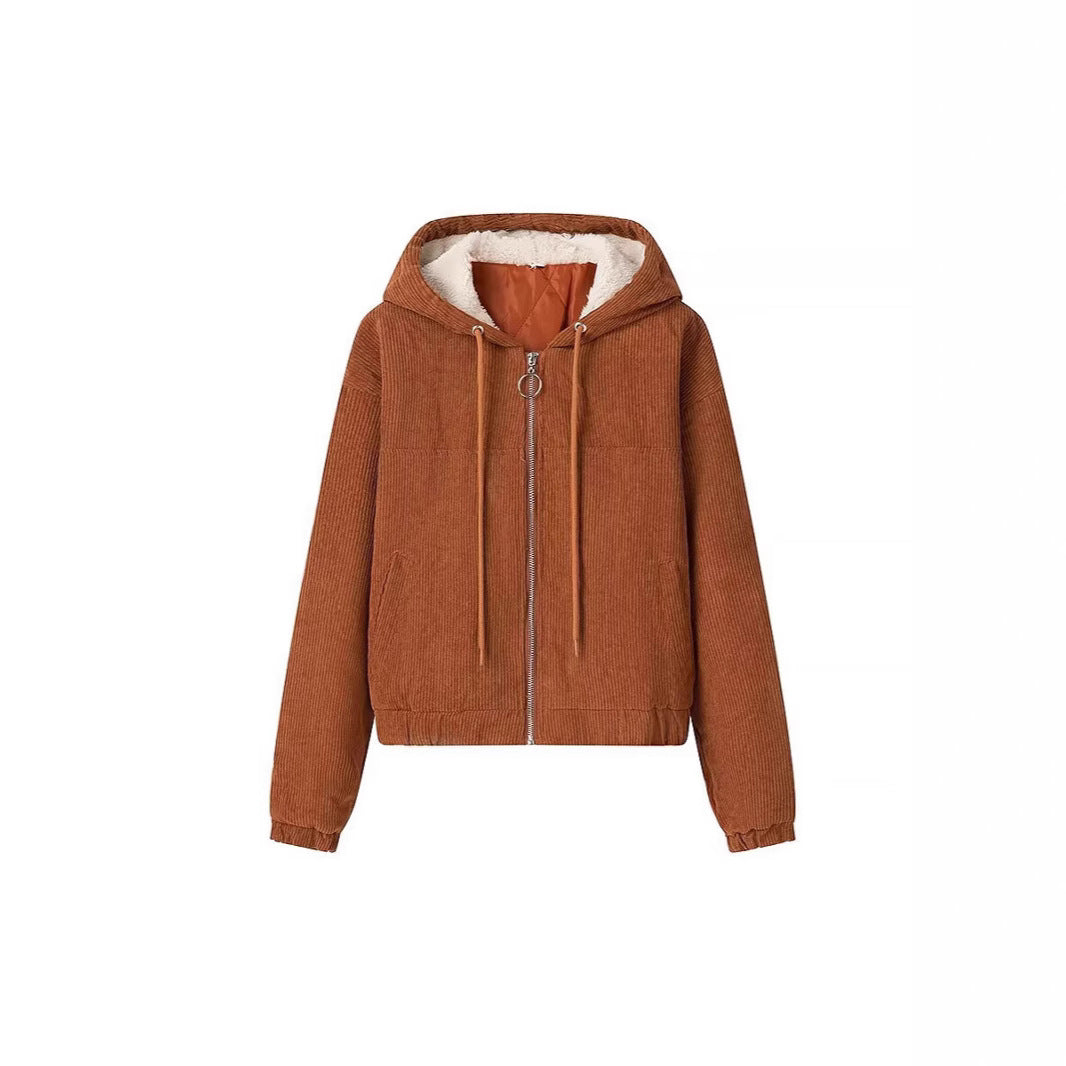 Women's short cord jacket with hood, teddy lining and full zip Mune Fashion