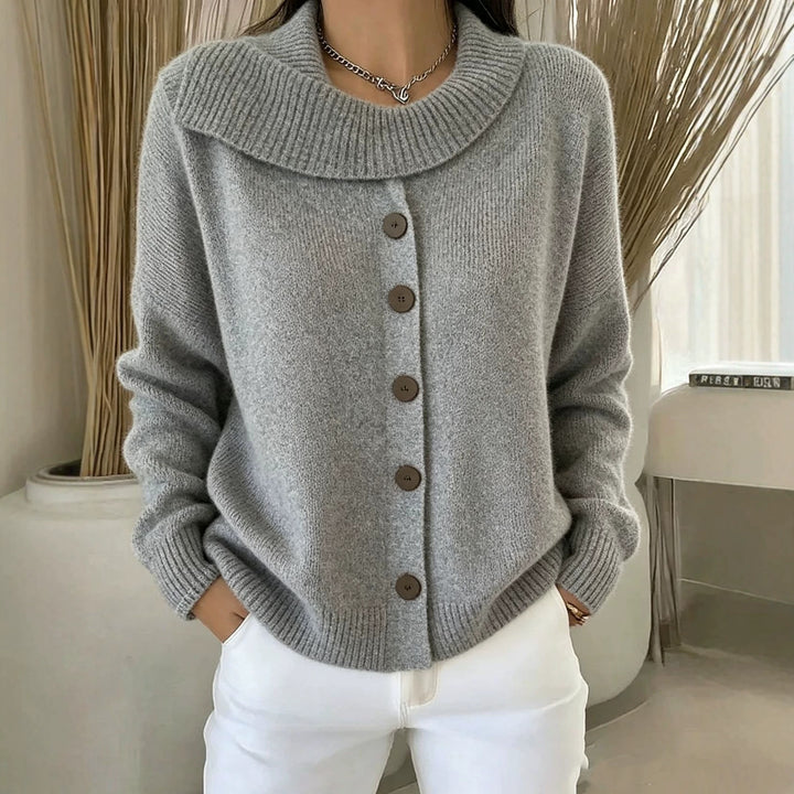 Women's Cozy Button Cardigan with Wide Roll Neck and Ribbed Cuffs Mune Fashion