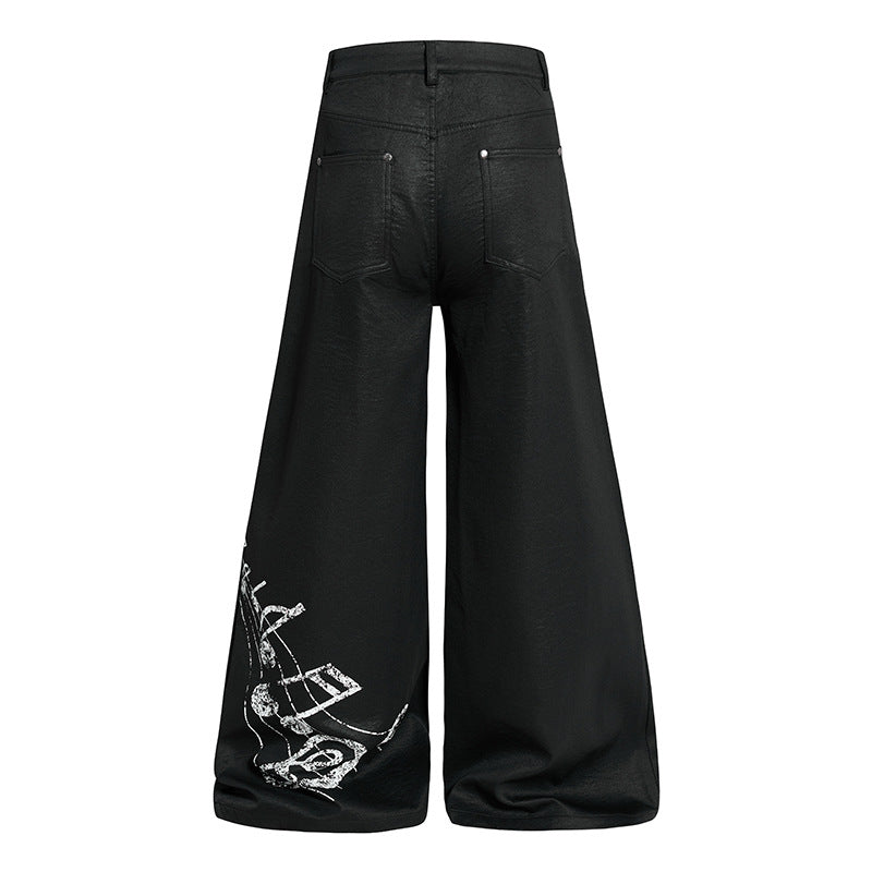 Women's wide high-cut palazzo pants with coated leather look, extra wide leg and statement print Mune Fashion