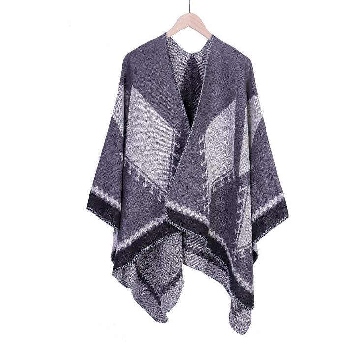 Women's Chunky Knit Oversized Ruana with Graphic Block Pattern and Asymmetrical Pointed Hem Mune Fashion