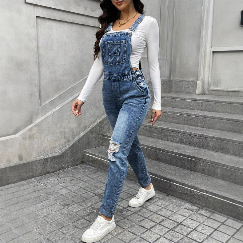 Women's denim dungarees with sculpting high waist, side decorative button plackets and ripped knee section Mune Fashion