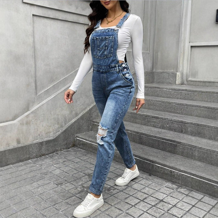 Women's denim dungarees with sculpting high waist, side decorative button plackets and ripped knee section Mune Fashion