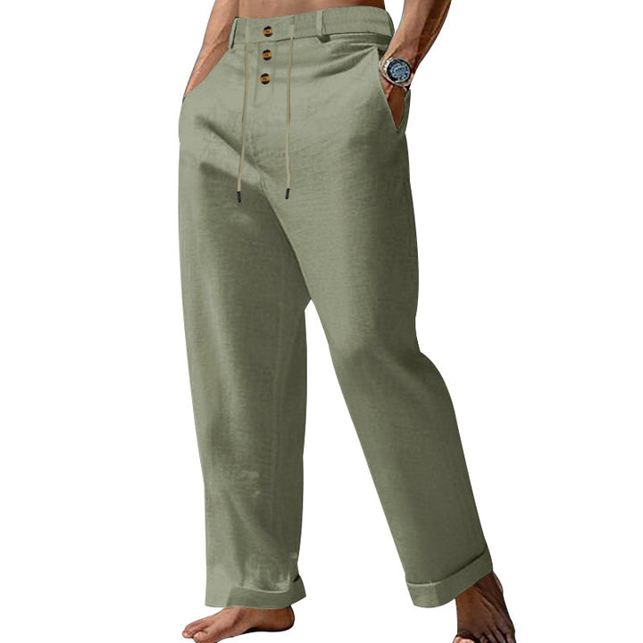 Men's wide summer pants made of linen-cotton blend with triple-button placket, drawstring waistband, and cuffed hem Mune Fashion