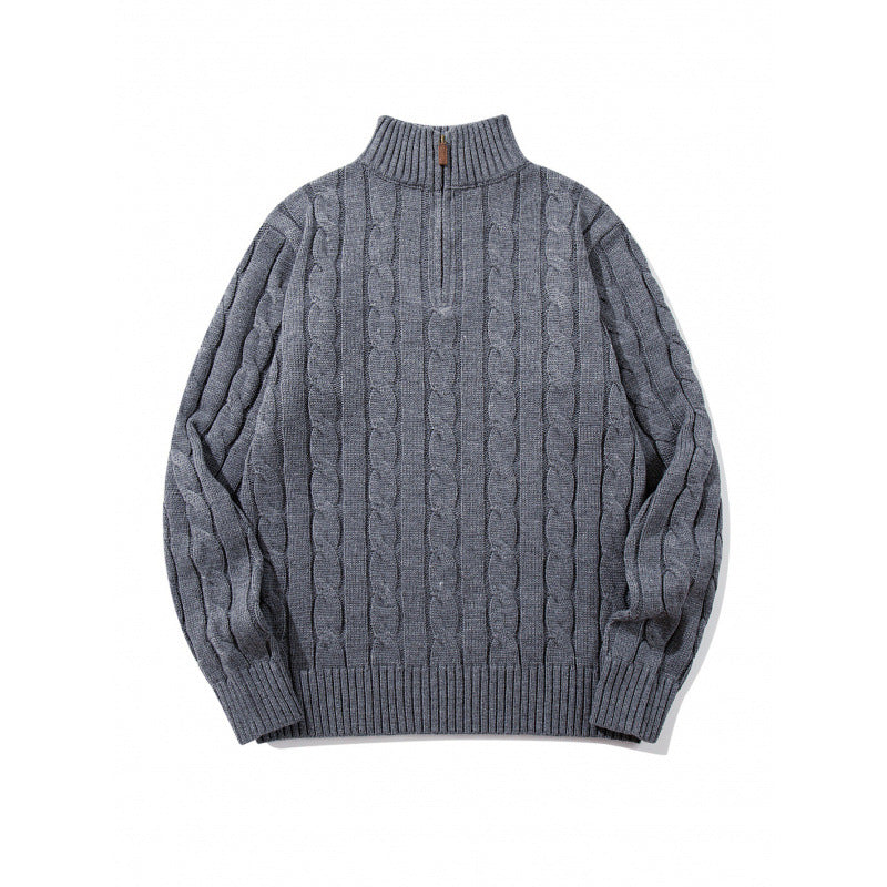 Unisex Coarse Knitted Half-Zip Cable Pattern Sweater with Stand-Up Collar and Ribbed Edges Mune Fashion