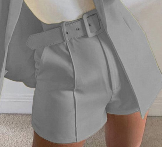 Women's Two-Piece Tailored Blazer Set with High-Waisted Shorts and Belt Mune Fashion