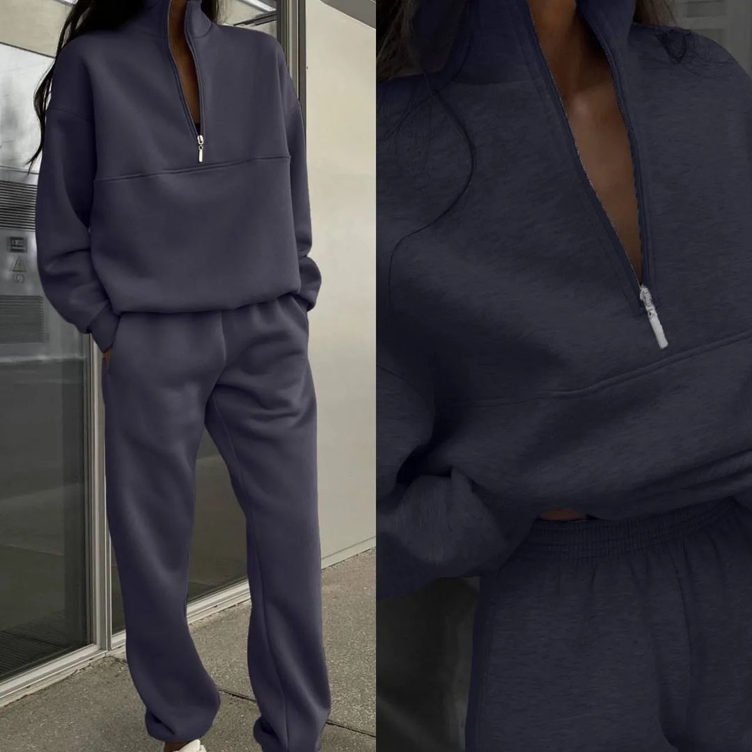 Women’s Oversize Half-Zip Sweatshirt with Stand-Up Collar and Soft Jogging Pants Mune Fashion