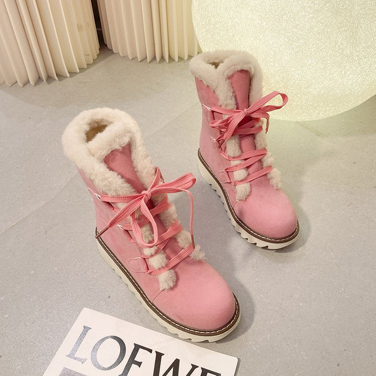 Women's Winter Lace-Up Boots in Trekking Look with Teddy Lining and Notched Wedge Sole Mune Fashion