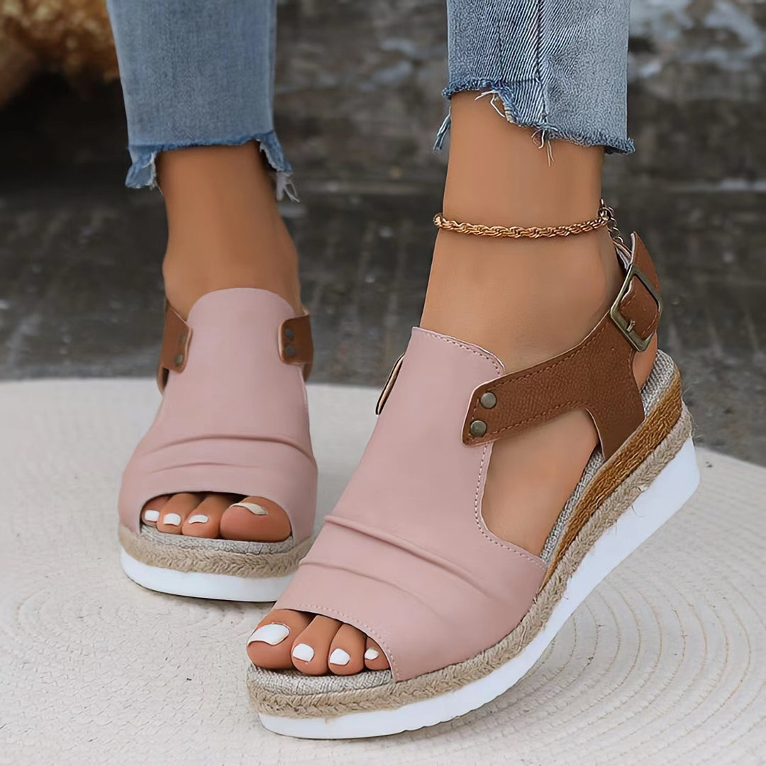 Women's wedge sandals with jute-wrapped espadrille platform, adjustable heel strap, and padded comfort footbed Mune Fashion