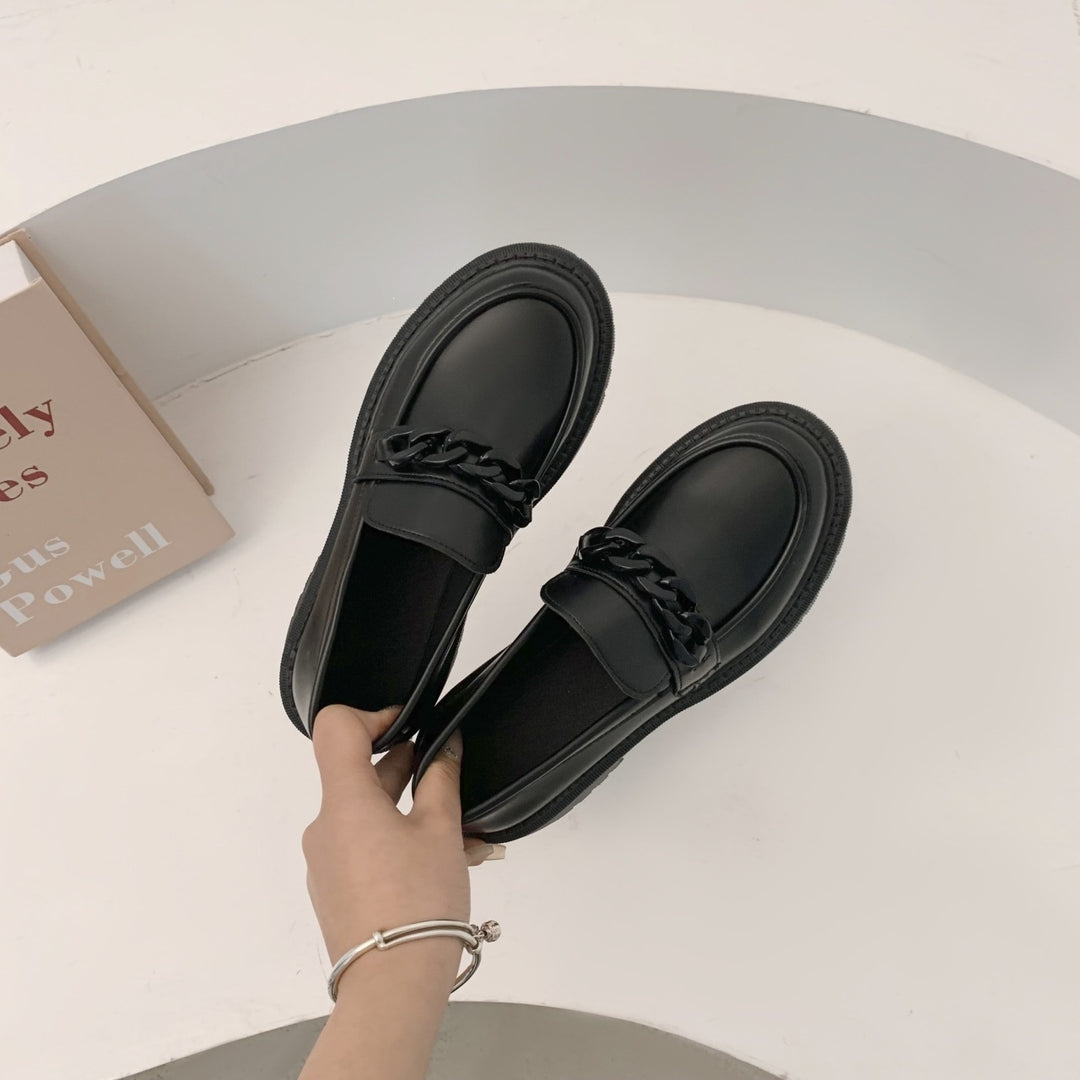 Ladies Fashion Slip-On Loafers with Thick Platform Sole and Chain Application Mune Fashion