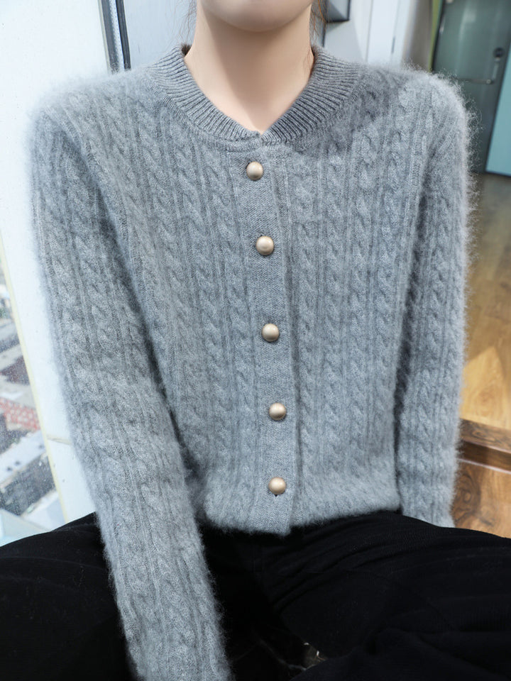 Women's Lightweight Cable Knit Cardigan in Mohair Look with Decorative Pearl Buttons Mune Fashion