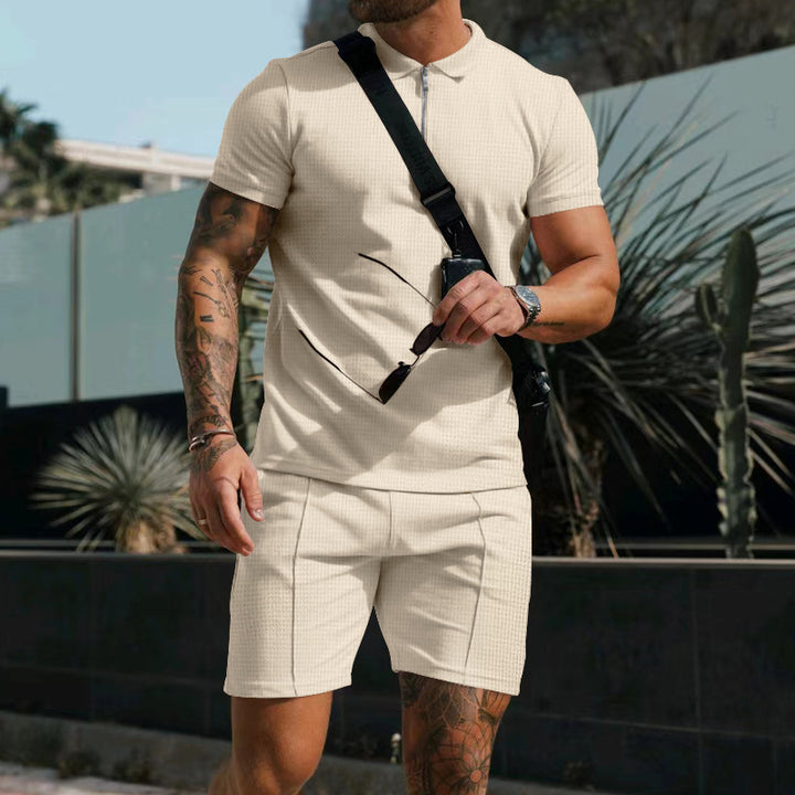 Men's casual polo shirt and chino shorts set with half zipper, textured jersey and subtle crease Mune Fashion