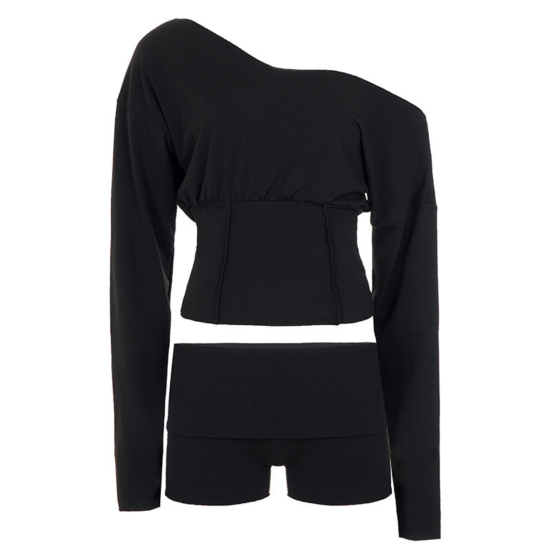 Women’s asymmetrical one-shoulder lounge set with fitted gathered crop top and high-waisted flap shorts Mune Fashion