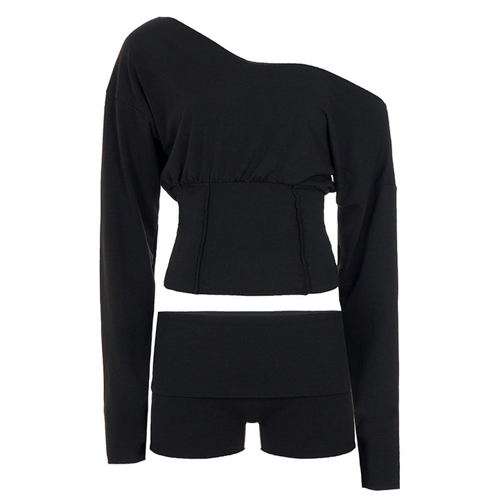 Women’s asymmetrical one-shoulder lounge set with fitted gathered crop top and high-waisted flap shorts Mune Fashion