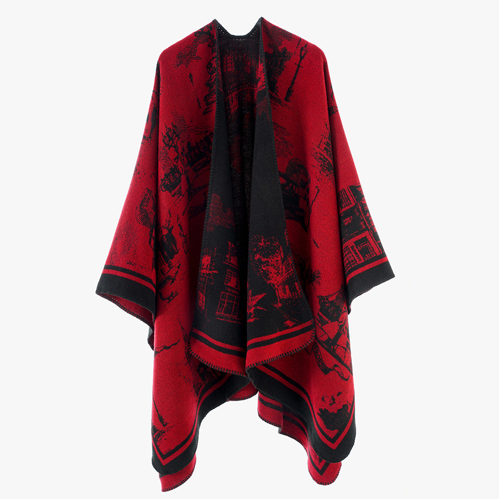 Women's Jacquard Cape Poncho with iconic city Jacquard and open oversized fall Mune Fashion
