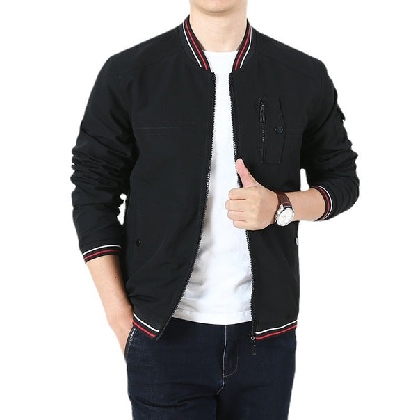 Men's Lightweight Bomber Jacket in Retro Sports Style with Ribbed Collar and Zipper Pocket Detail Mune Fashion