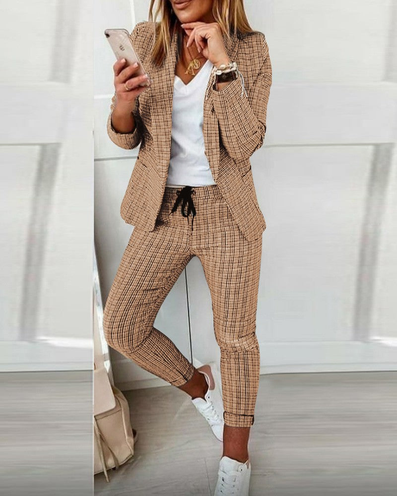 Women's two-piece checkered blazer and slim-fit jogging pants with drawstring Mune Fashion