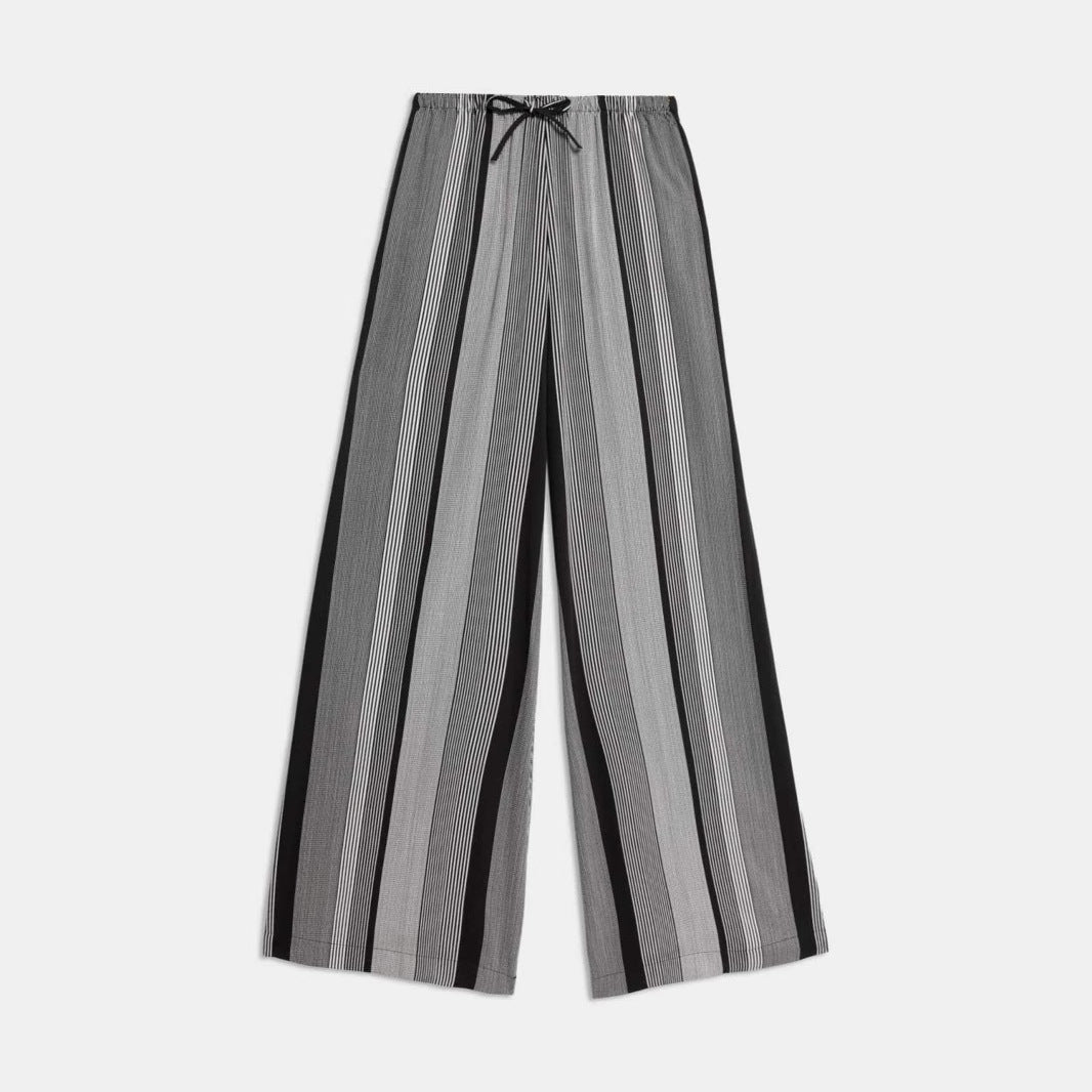 Women's Wide Palazzo Pants with Elastic Waistband, Drawstring and Vertical Stripe Pattern Mune Fashion