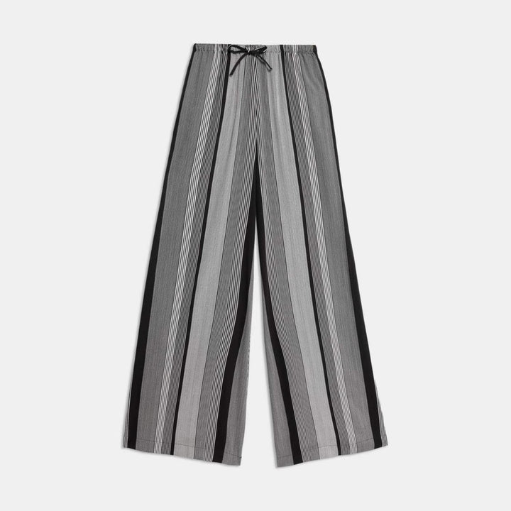 Women's Wide Palazzo Pants with Elastic Waistband, Drawstring and Vertical Stripe Pattern Mune Fashion