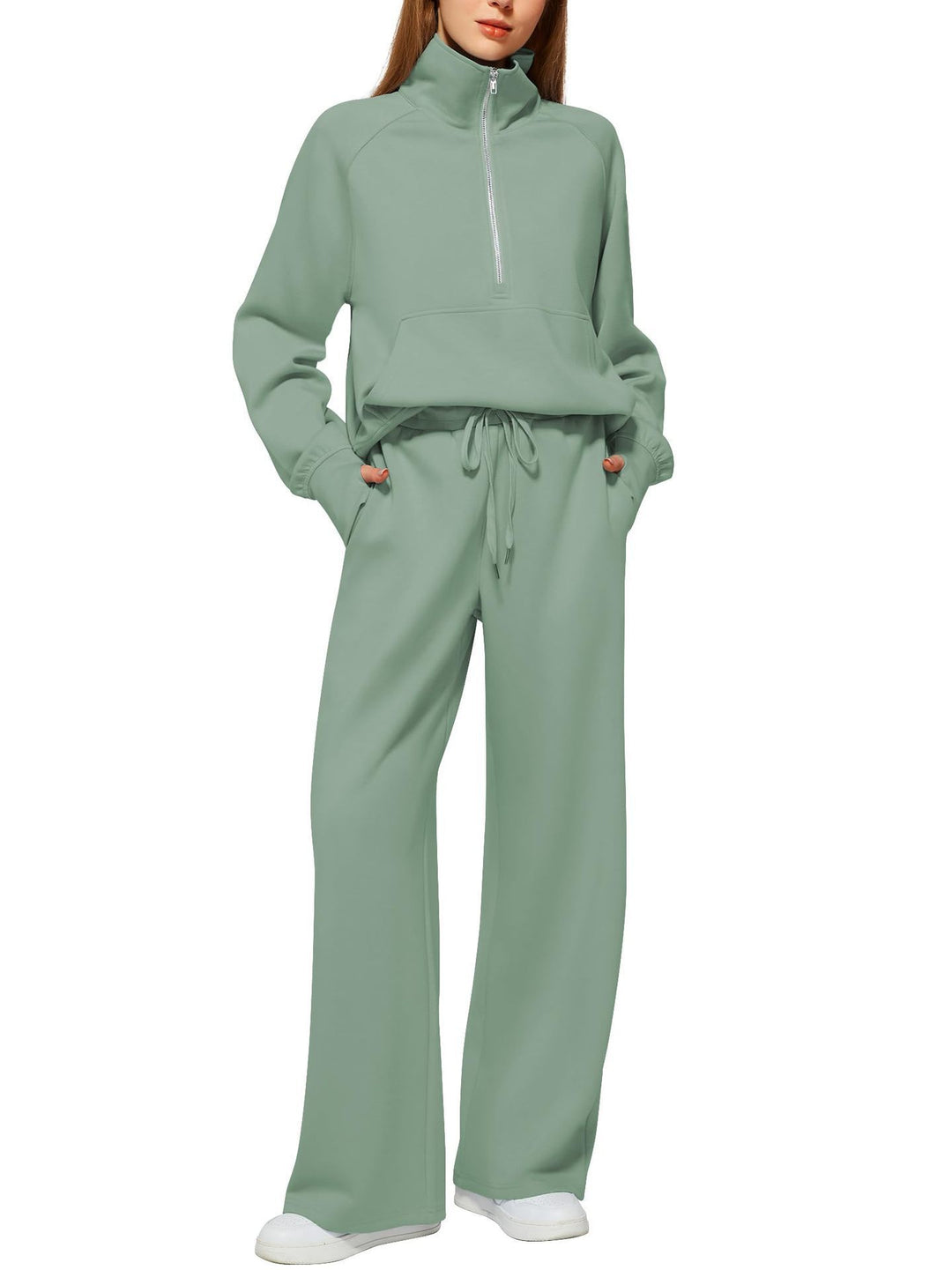 Women half-zip lounge set with high stand-up collar, kangaroo pocket and wide high-waist joggers Mune Fashion