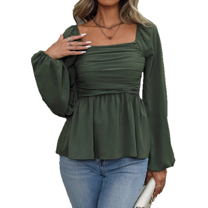 Ladies gathered peplum blouse with square neckline and balloon sleeves Mune Fashion