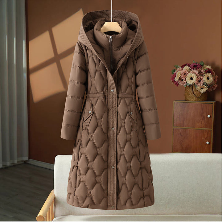 Women's longer quilted coat with honeycomb quilt, hood and tailored A-line Mune Fashion
