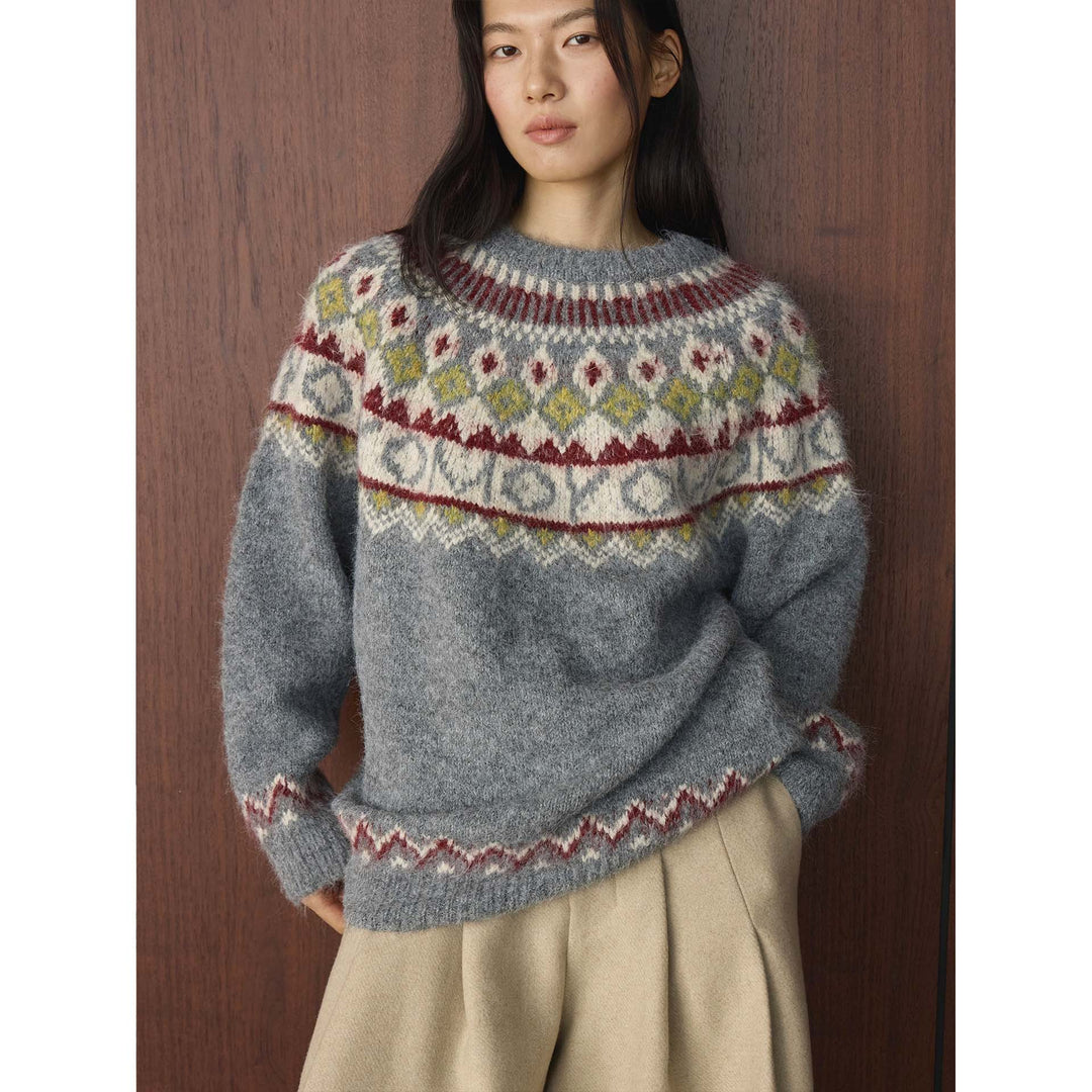 Women's chunky knit crew neck sweater with Norwegian jacquard and mohair mix Mune Fashion