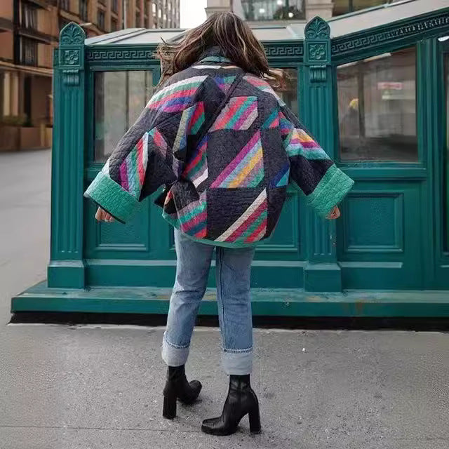 Women's padded kimono quilted jacket with patchwork design and wide sleeves Mune Fashion