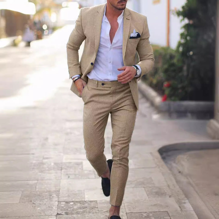 Men's tailored linen suit set with single-breasted blazer and slim chino pants Mune Fashion