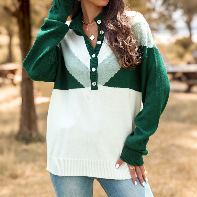 Women's chunky knit henley pullover with stand-up collar and chevron intarsia Mune Fashion