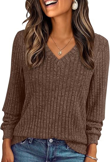 Ladies Soft Ribbed Knit Sweater with V-Neck Mune Fashion