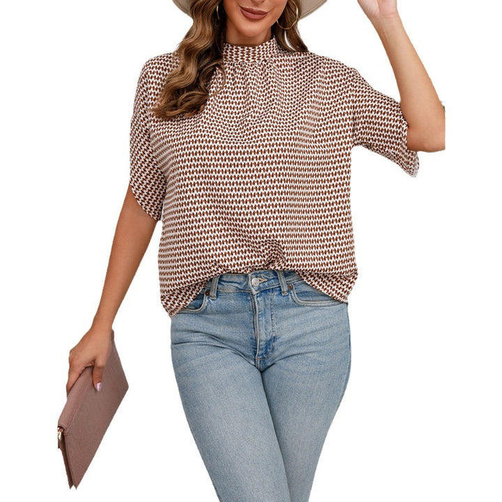 Women's Short Sleeve Oversized Blouse Top with Stand Collar and Side Sleeve Slits Mune Fashion