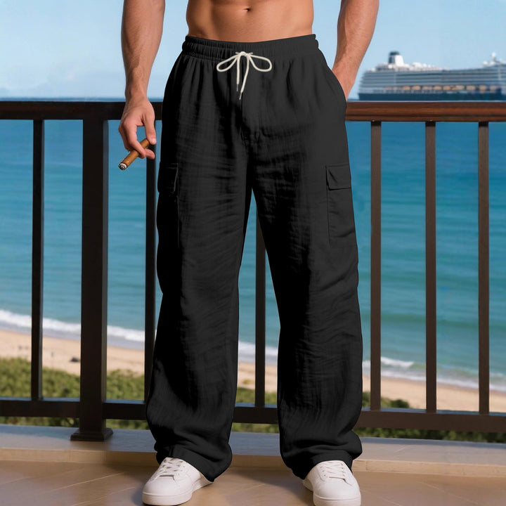Men's Loose Linen Cargo Casual Pants with Drawstring Waist and Side Patch Pockets Mune Fashion