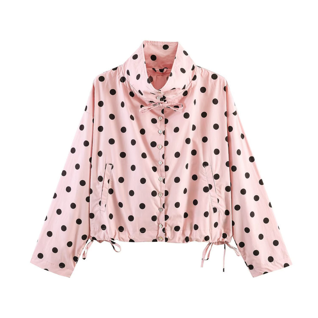 Women's Lightweight Windbreaker with Stand Collar, Ties and Drawstring Mune Fashion