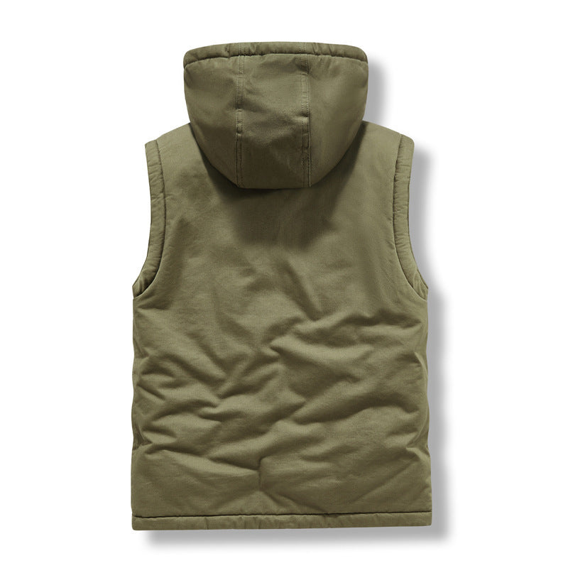 Men's Sleeveless Canvas Vest with Teddy Fleece Lining, Hood, and Two-Way Zipper Mune Fashion
