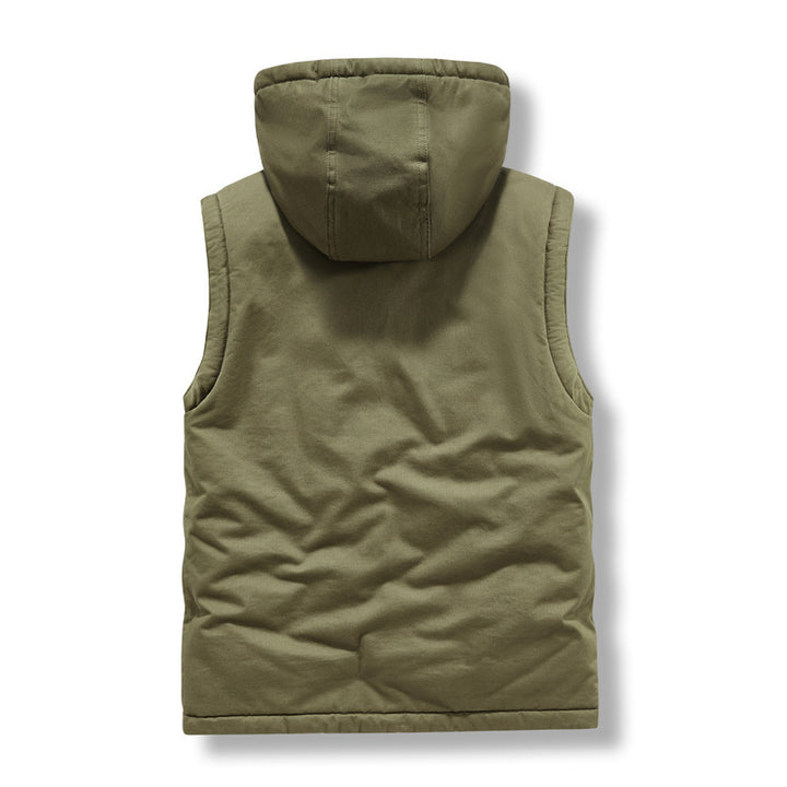 Men's Sleeveless Canvas Vest with Teddy Fleece Lining, Hood, and Two-Way Zipper Mune Fashion
