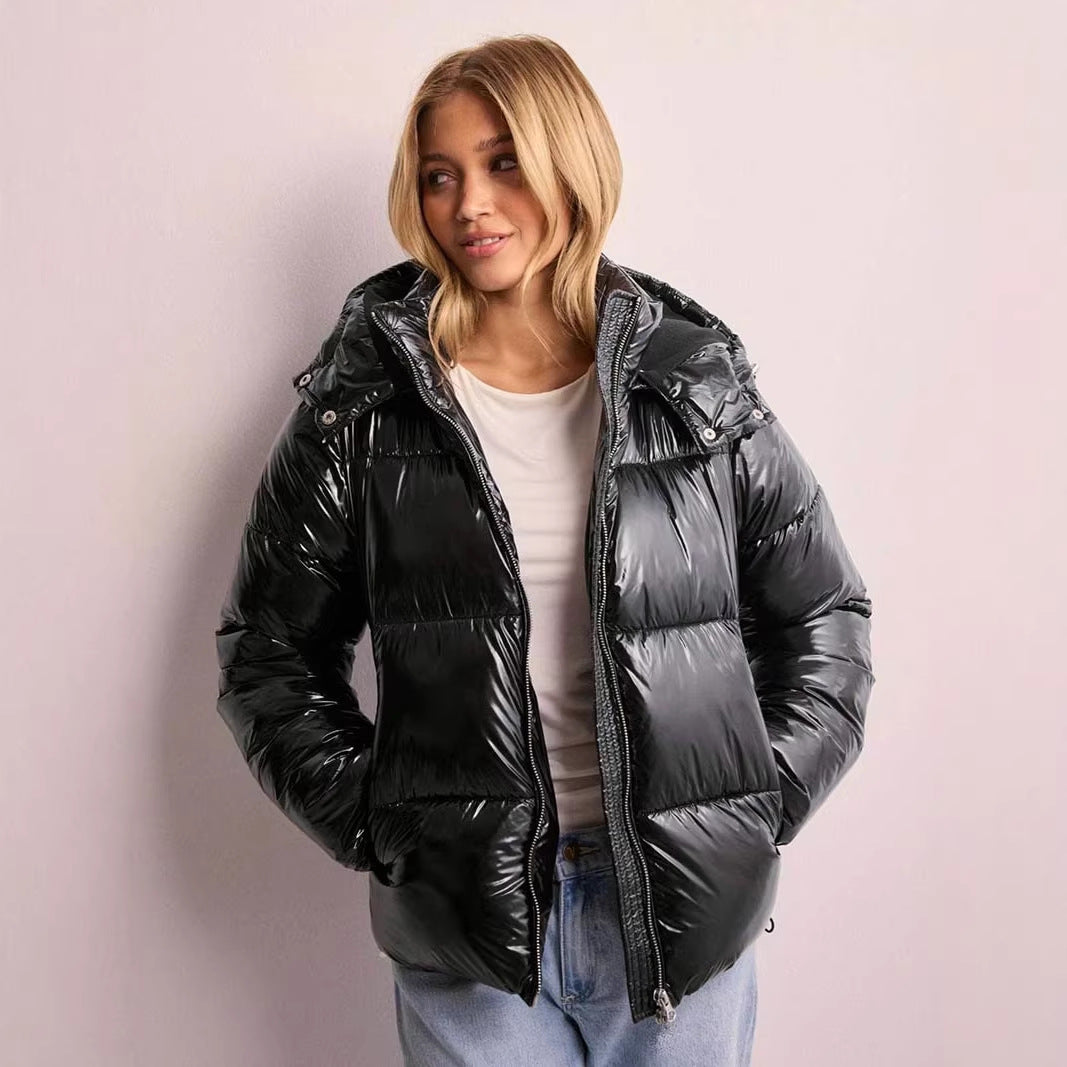 Women's quilted puffer jacket with hood, high stand-up collar, and two-way zipper Mune Fashion