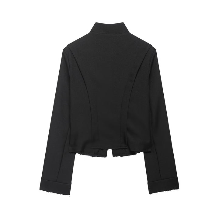 Women Cropped Military Blazer with Stand Collar, Decorative Loops and Fringed Hem Mune Fashion