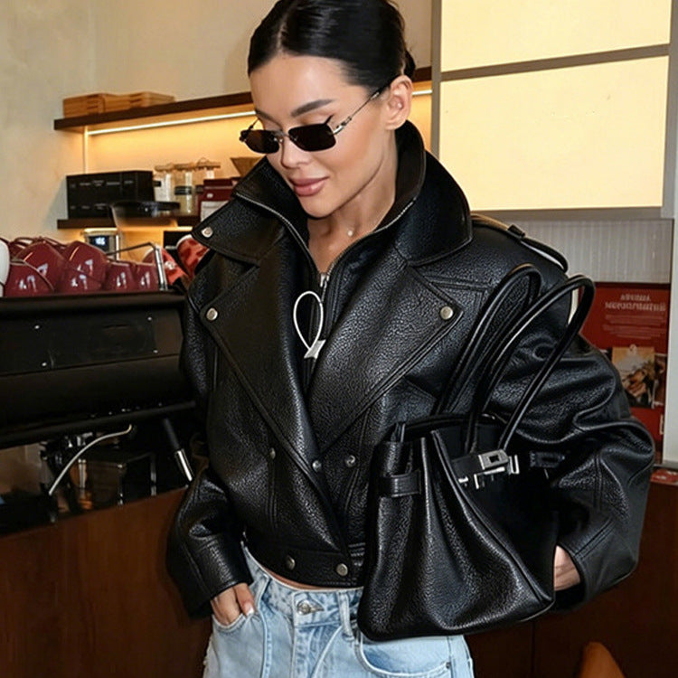 Women's Short-Cut Structured Biker Jacket Made of Faux Leather Mune Fashion