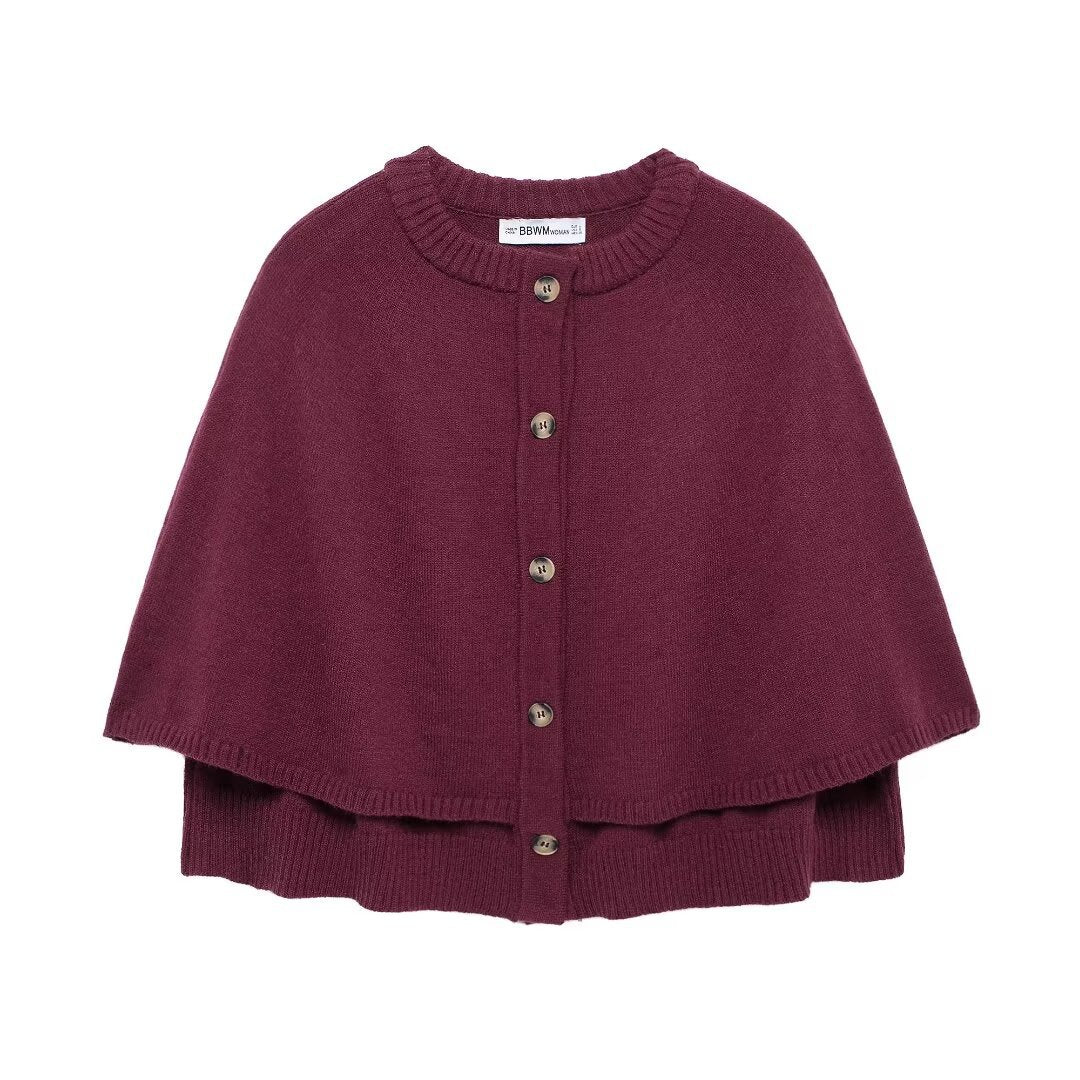 Women Cape Cardigan with Button Placket and Two-Layer Cape Mune Fashion