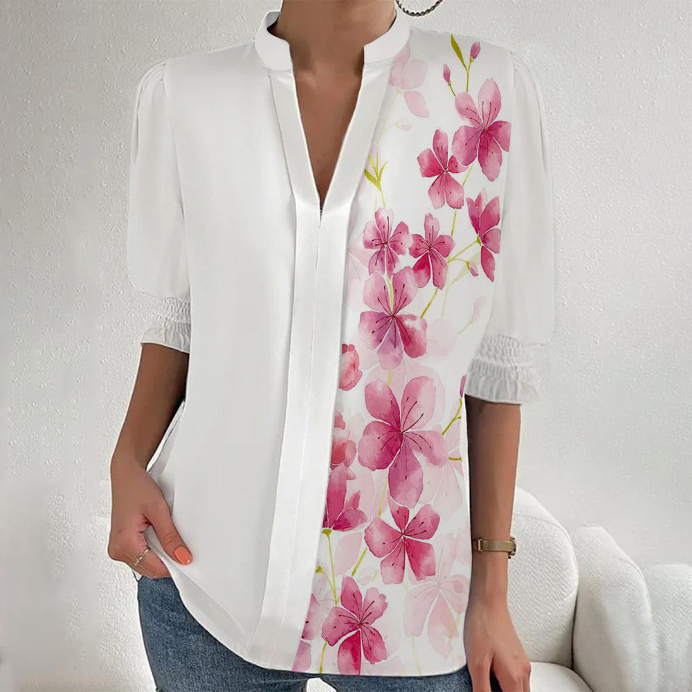 Women Floral Print Tunic Blouse with Stand Collar, Slit V-Placket and Gathered 3/4 Sleeves Mune Fashion