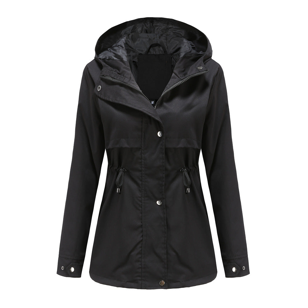 Women's breathable transitional jacket with hood, waist drawstring and concealed snap button placket Mune Fashion