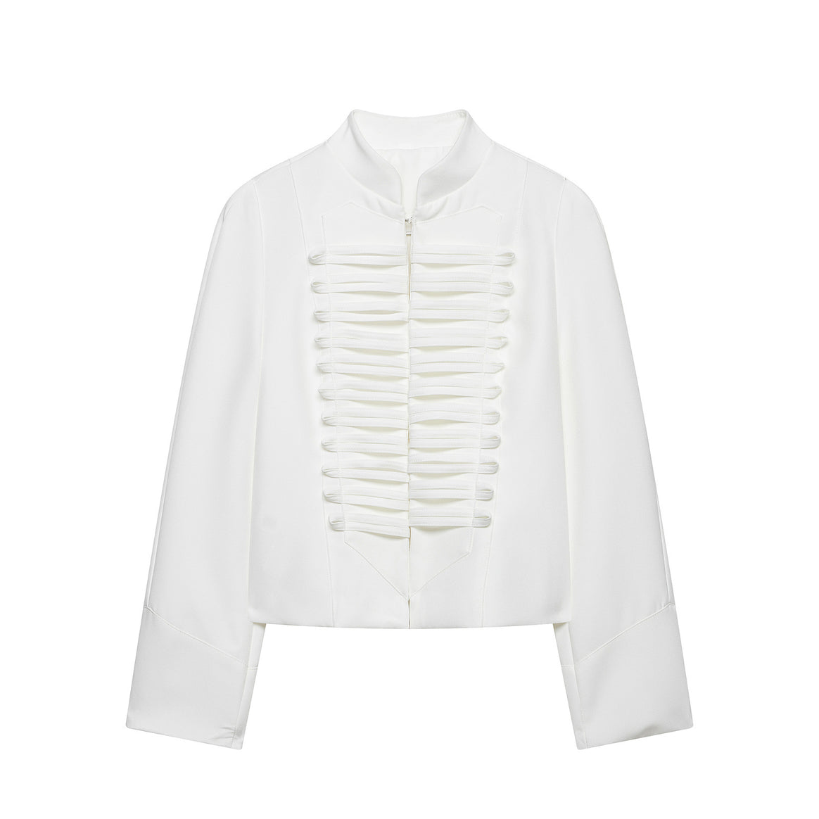 Women Short Blouse Jacket with Pleated Ruffle Yoke and Stand-up Collar Mune Fashion