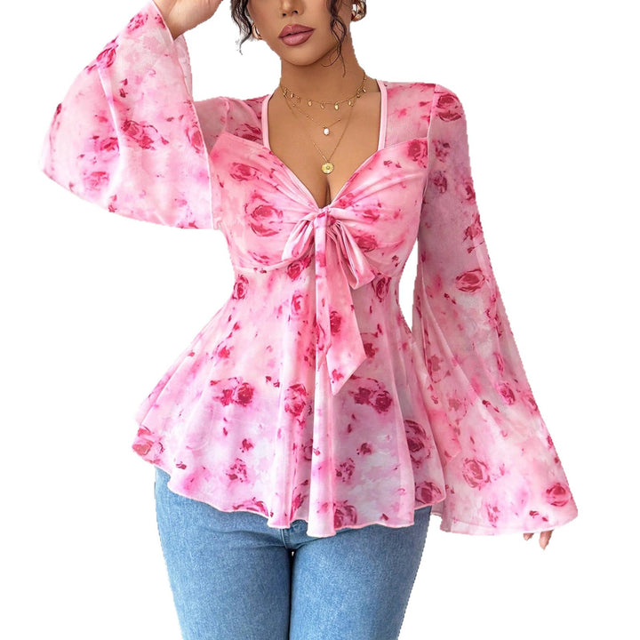 Women’s chiffon blouse with tie knot, V-neck and flared bell sleeves Mune Fashion