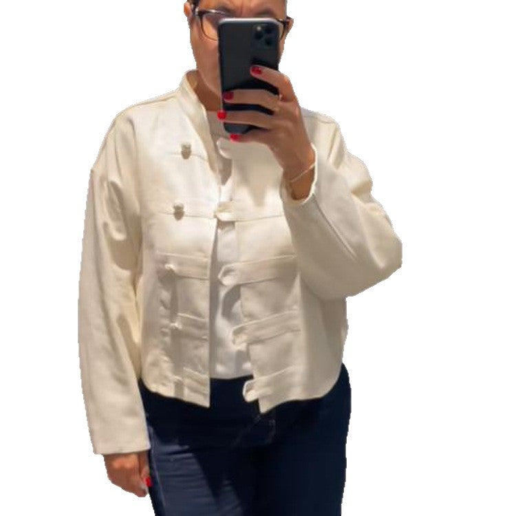 Women's Cropped Boxy Jacket with Chinese Stand Collar and Decorative Button Placket Mune Fashion