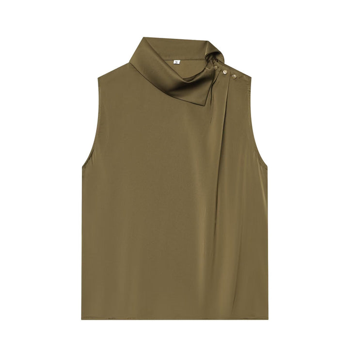 Women's Sleeveless Satin Blouse with Draped Stand Collar and Decorative Button Placket Mune Fashion